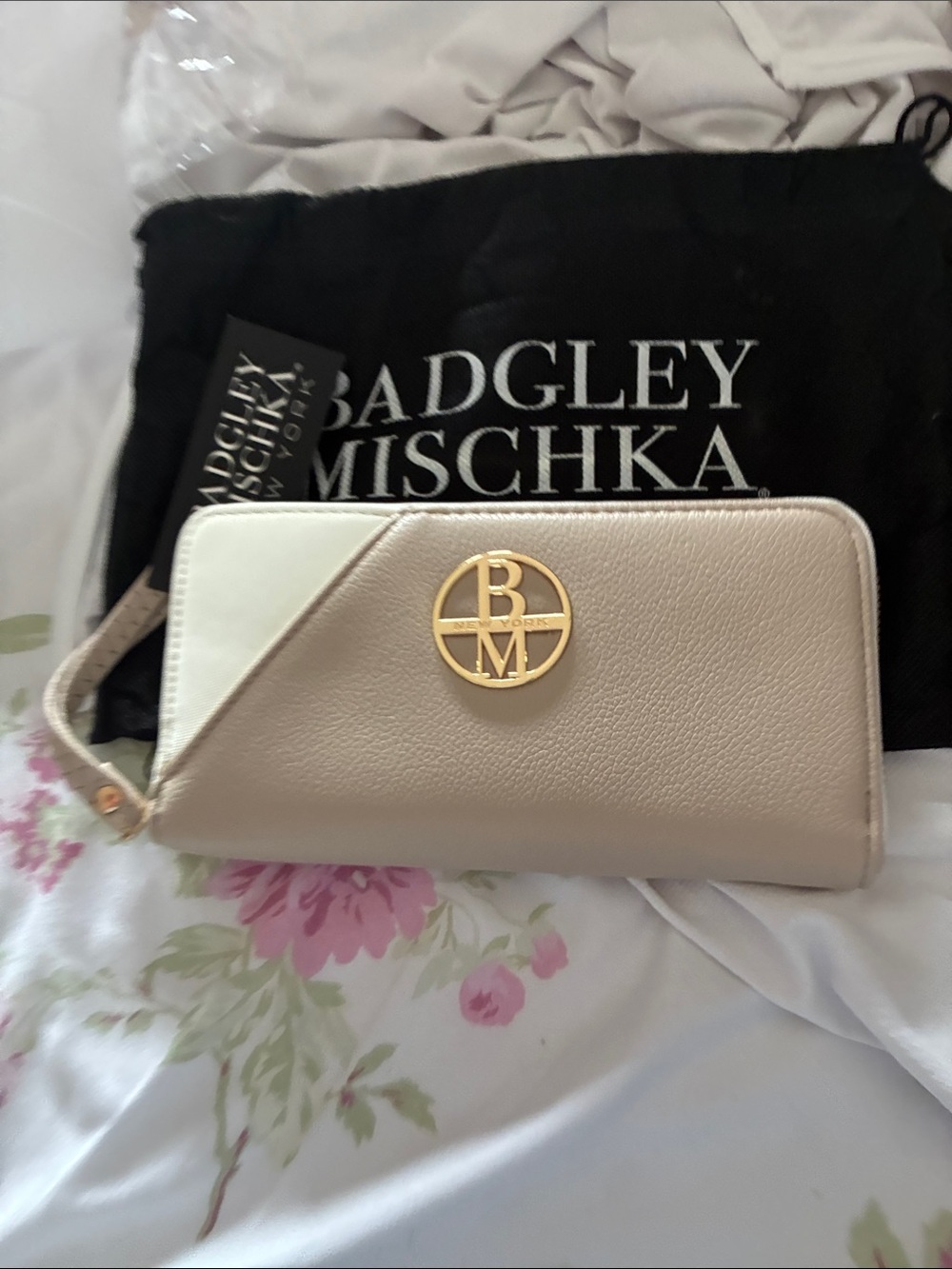 Badgley Mischka Two-Tone Cream & Beige Wristlet Clutch